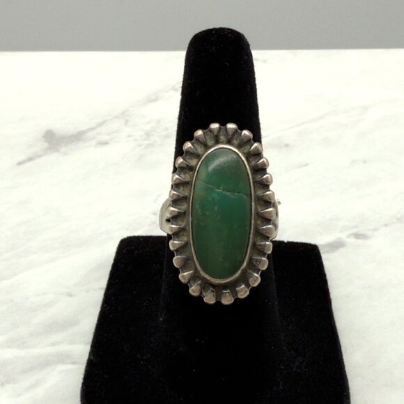 Vtg Sterling Silver Long Malachite Southwest Ring Stampwork Women Size 5 NOTE - Picture 1 of 11